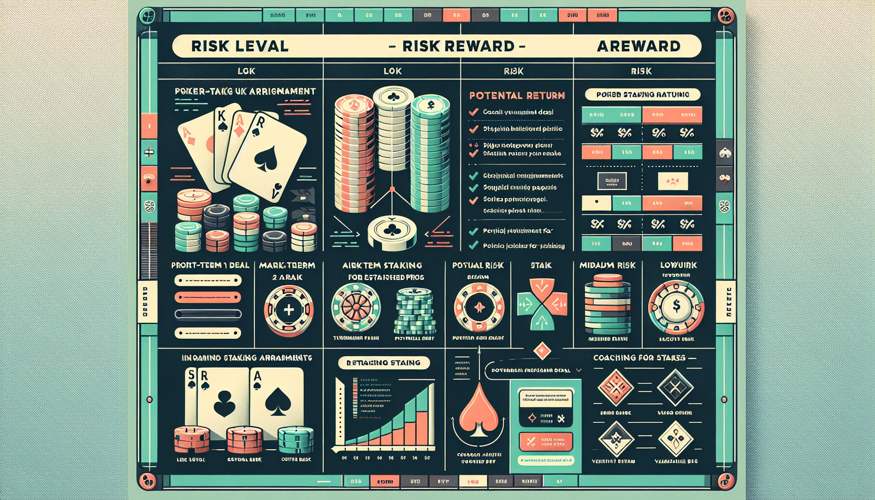 Risk/reward matrix comparing different poker staking arrangements